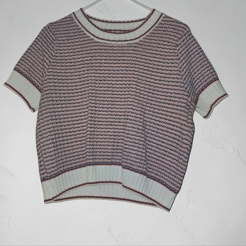 Womens Striped Print Rib Knit Short Sleeve Crop Retro Look Lg - Picture 5 of 5